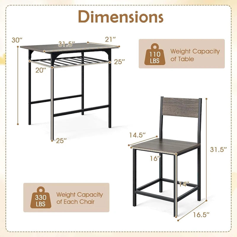 Ensemble de table à manger 3 pièces style industriel avec casier à vin