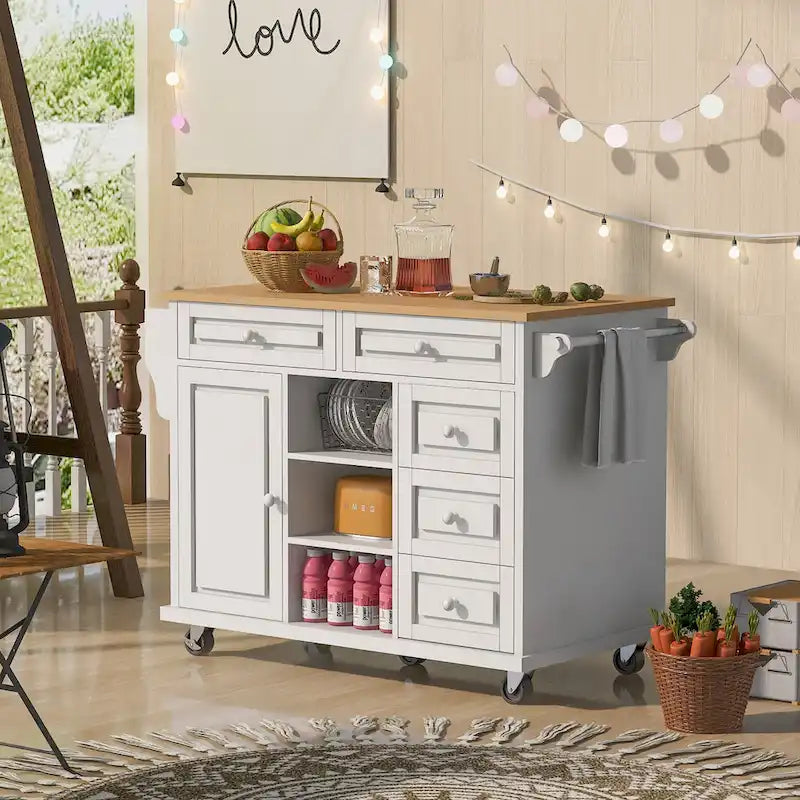 Dessertes de cuisine avec plateau en bois d'hévéa, îlot de cuisine roulant mobile avec rangement et 5 tiroirs, 134,62 cm de long (tabouret non inclus)