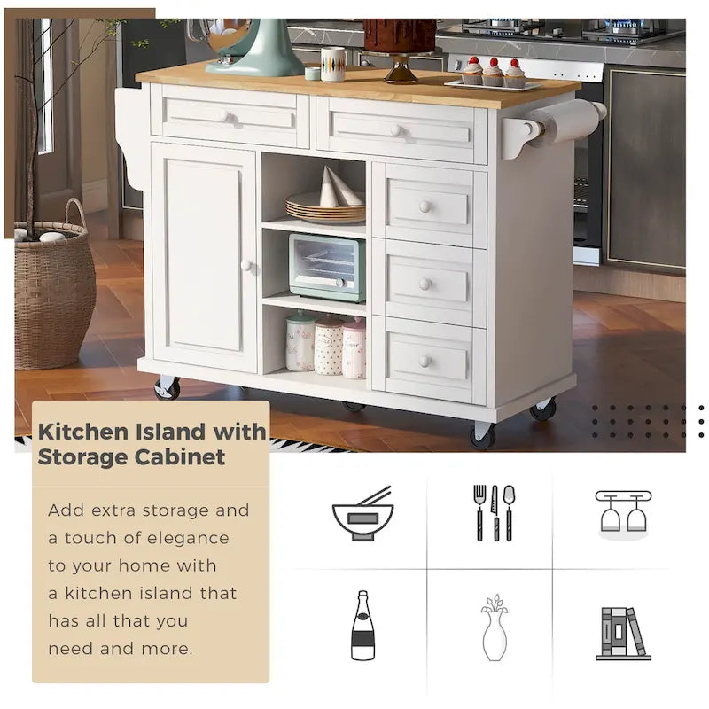 Dessertes de cuisine avec plateau en bois d'hévéa, îlot de cuisine roulant mobile avec rangement et 5 tiroirs, 134,62 cm de long (tabouret non inclus)