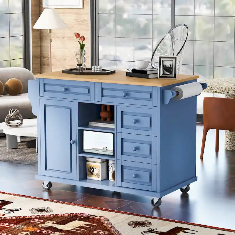 Dessertes de cuisine avec plateau en bois d'hévéa, îlot de cuisine roulant mobile avec rangement et 5 tiroirs, 134,62 cm de long (tabouret non inclus)