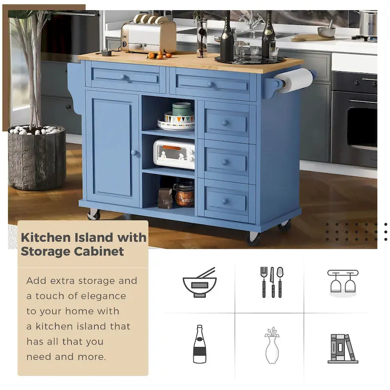Dessertes de cuisine avec plateau en bois d'hévéa, îlot de cuisine roulant mobile avec rangement et 5 tiroirs, 134,62 cm de long (tabouret non inclus)