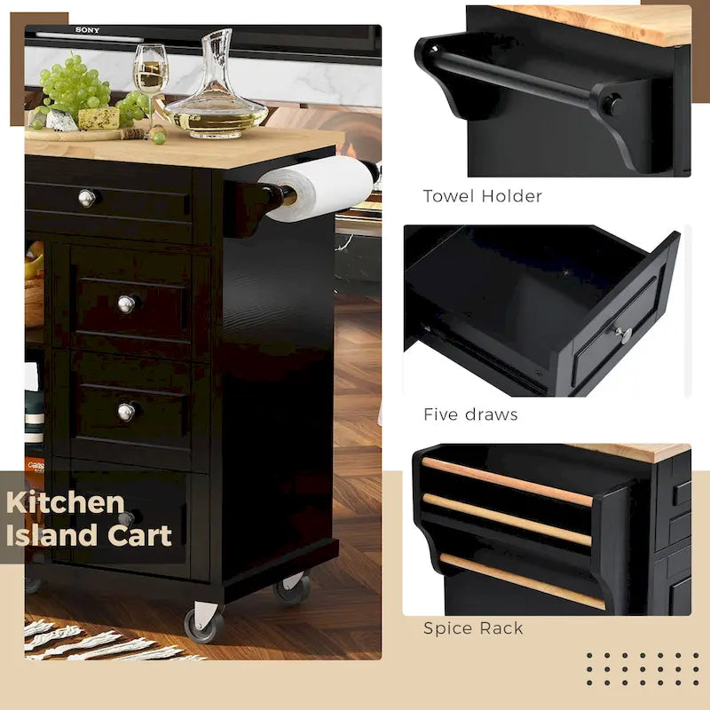 Dessertes de cuisine avec plateau en bois d'hévéa, îlot de cuisine roulant mobile avec rangement et 5 tiroirs, 134,62 cm de long (tabouret non inclus)