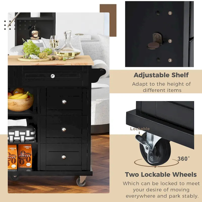 Dessertes de cuisine avec plateau en bois d'hévéa, îlot de cuisine roulant mobile avec rangement et 5 tiroirs, 134,62 cm de long (tabouret non inclus)