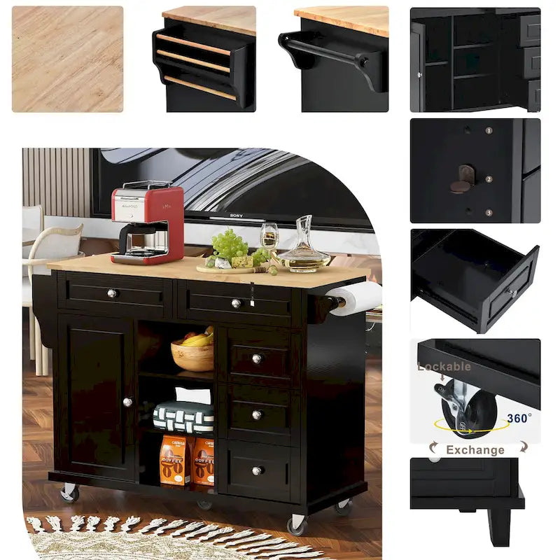 Dessertes de cuisine avec plateau en bois d'hévéa, îlot de cuisine roulant mobile avec rangement et 5 tiroirs, 134,62 cm de long (tabouret non inclus)