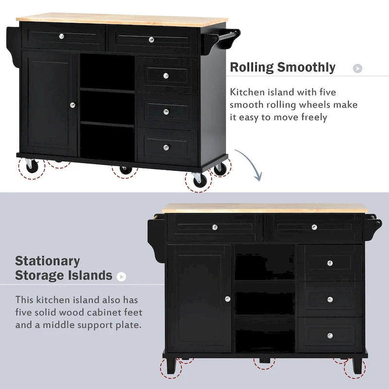 Dessertes de cuisine avec plateau en bois d'hévéa, îlot de cuisine roulant mobile avec rangement et 5 tiroirs, 134,62 cm de long (tabouret non inclus)