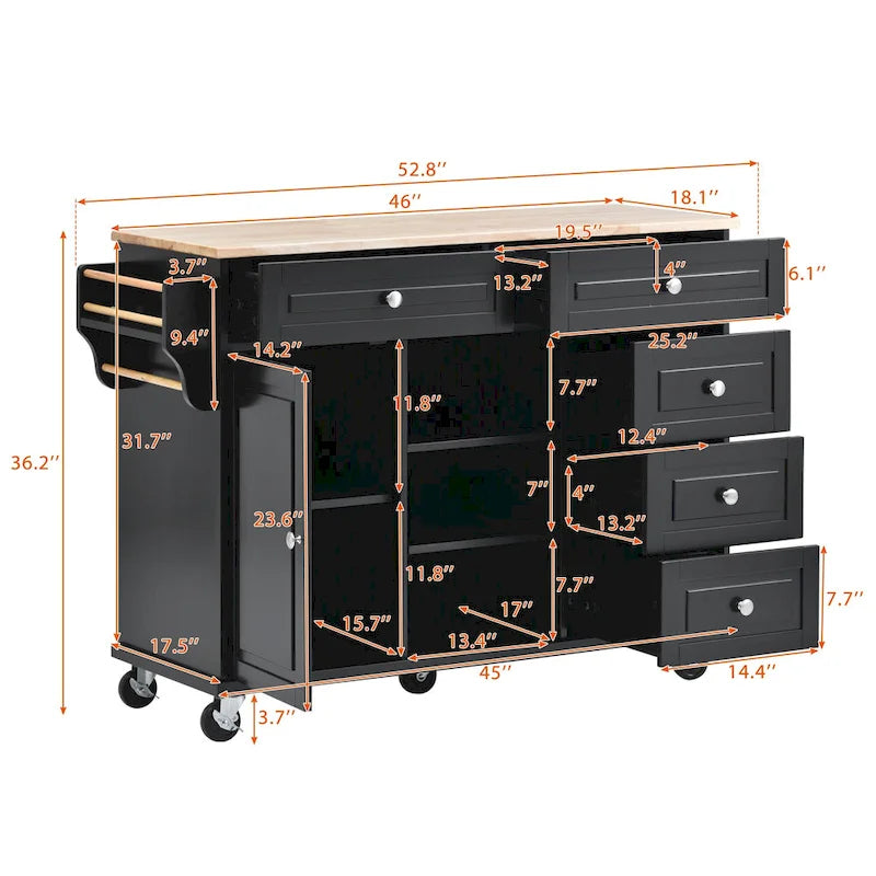 Dessertes de cuisine avec plateau en bois d'hévéa, îlot de cuisine roulant mobile avec rangement et 5 tiroirs, 134,62 cm de long (tabouret non inclus)