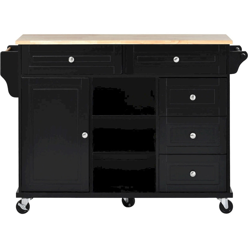 Dessertes de cuisine avec plateau en bois d'hévéa, îlot de cuisine roulant mobile avec rangement et 5 tiroirs, 134,62 cm de long (tabouret non inclus)