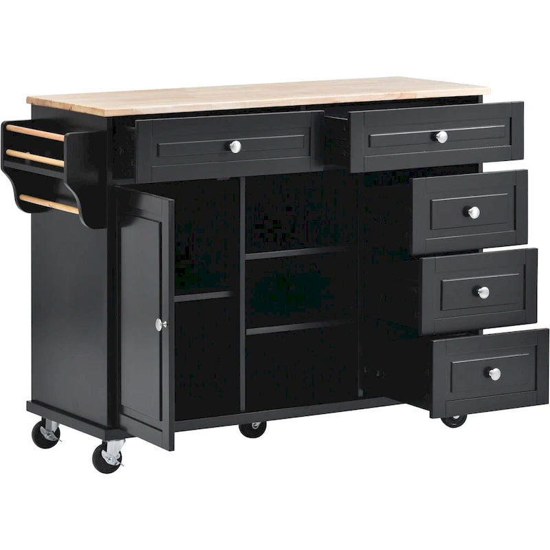 Dessertes de cuisine avec plateau en bois d'hévéa, îlot de cuisine roulant mobile avec rangement et 5 tiroirs, 134,62 cm de long (tabouret non inclus)