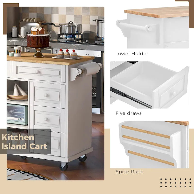 Dessertes de cuisine avec plateau en bois d'hévéa, îlot de cuisine roulant mobile avec rangement et 5 tiroirs, 134,62 cm de long (tabouret non inclus)
