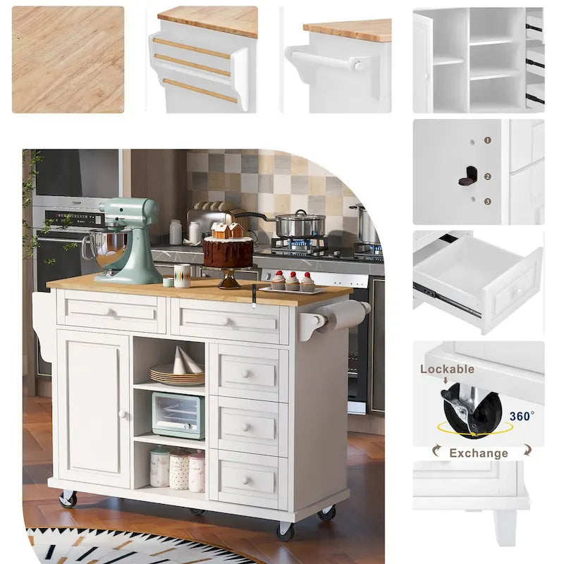 Dessertes de cuisine avec plateau en bois d'hévéa, îlot de cuisine roulant mobile avec rangement et 5 tiroirs, 134,62 cm de long (tabouret non inclus)