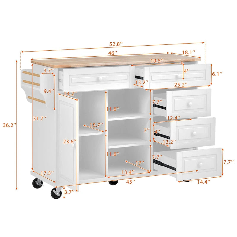 Dessertes de cuisine avec plateau en bois d'hévéa, îlot de cuisine roulant mobile avec rangement et 5 tiroirs, 134,62 cm de long (tabouret non inclus)