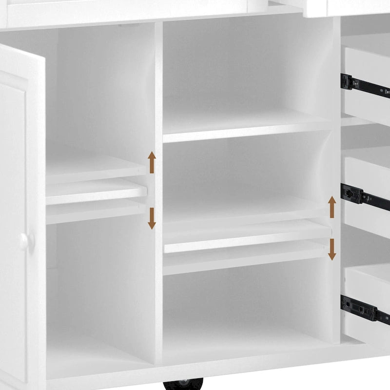 Dessertes de cuisine avec plateau en bois d'hévéa, îlot de cuisine roulant mobile avec rangement et 5 tiroirs, 134,62 cm de long (tabouret non inclus)