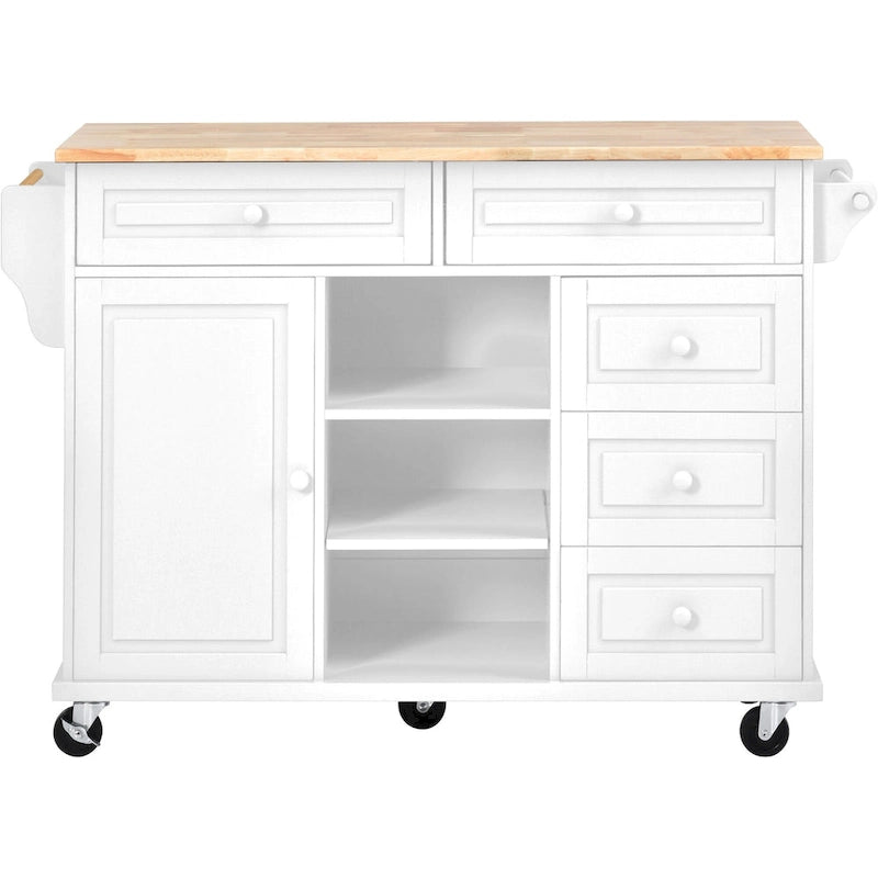 Dessertes de cuisine avec plateau en bois d'hévéa, îlot de cuisine roulant mobile avec rangement et 5 tiroirs, 134,62 cm de long (tabouret non inclus)