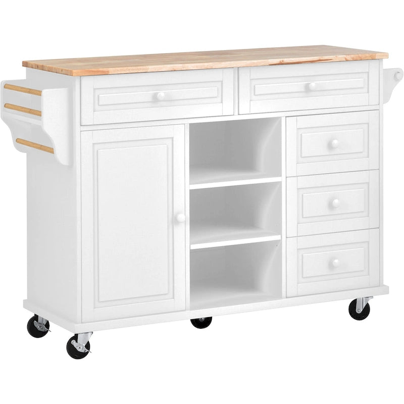 Dessertes de cuisine avec plateau en bois d'hévéa, îlot de cuisine roulant mobile avec rangement et 5 tiroirs, 134,62 cm de long (tabouret non inclus)