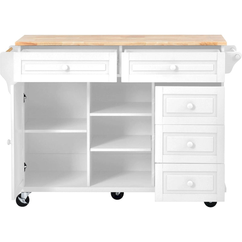 Dessertes de cuisine avec plateau en bois d'hévéa, îlot de cuisine roulant mobile avec rangement et 5 tiroirs, 134,62 cm de long (tabouret non inclus)