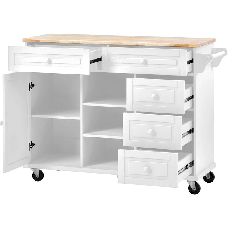 Dessertes de cuisine avec plateau en bois d'hévéa, îlot de cuisine roulant mobile avec rangement et 5 tiroirs, 134,62 cm de long (tabouret non inclus)