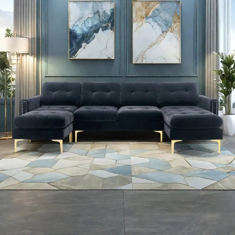 Canapé d'angle en velours 110,6 po avec pouf amovible et poches de rangement