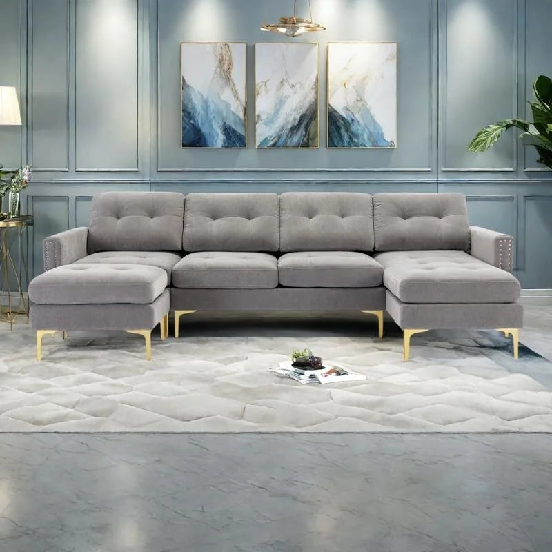 Canapé d'angle en velours 110,6 po avec pouf amovible et poches de rangement