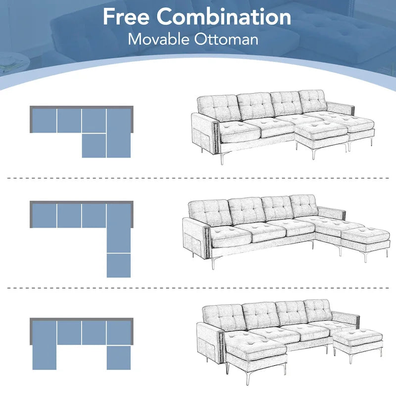 Canapé d'angle en velours 110,6 po avec pouf amovible et poches de rangement