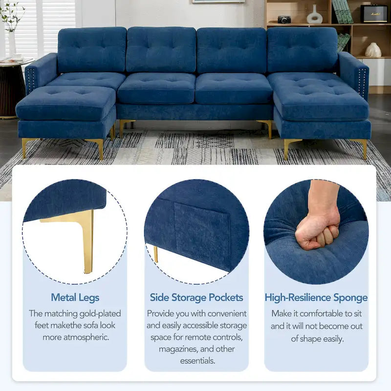 Canapé d'angle en velours 110,6 po avec pouf amovible et poches de rangement