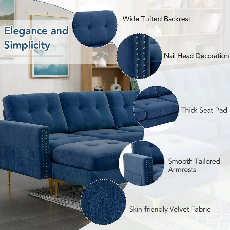 Canapé d'angle en velours 110,6 po avec pouf amovible et poches de rangement