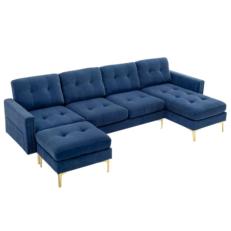 Canapé d'angle en velours 110,6 po avec pouf amovible et poches de rangement