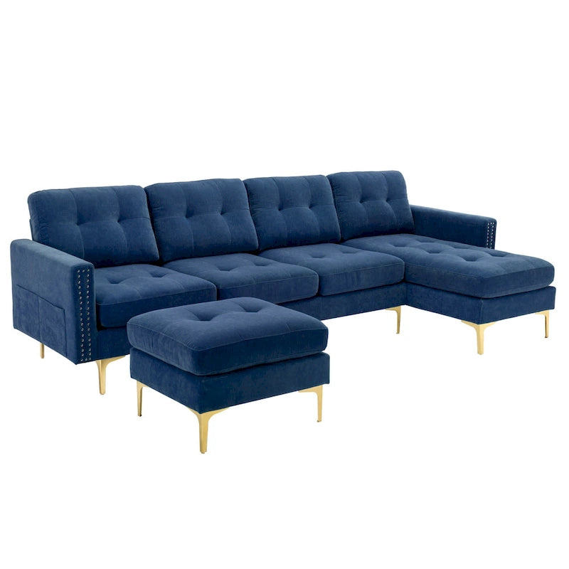 Canapé d'angle en velours 110,6 po avec pouf amovible et poches de rangement