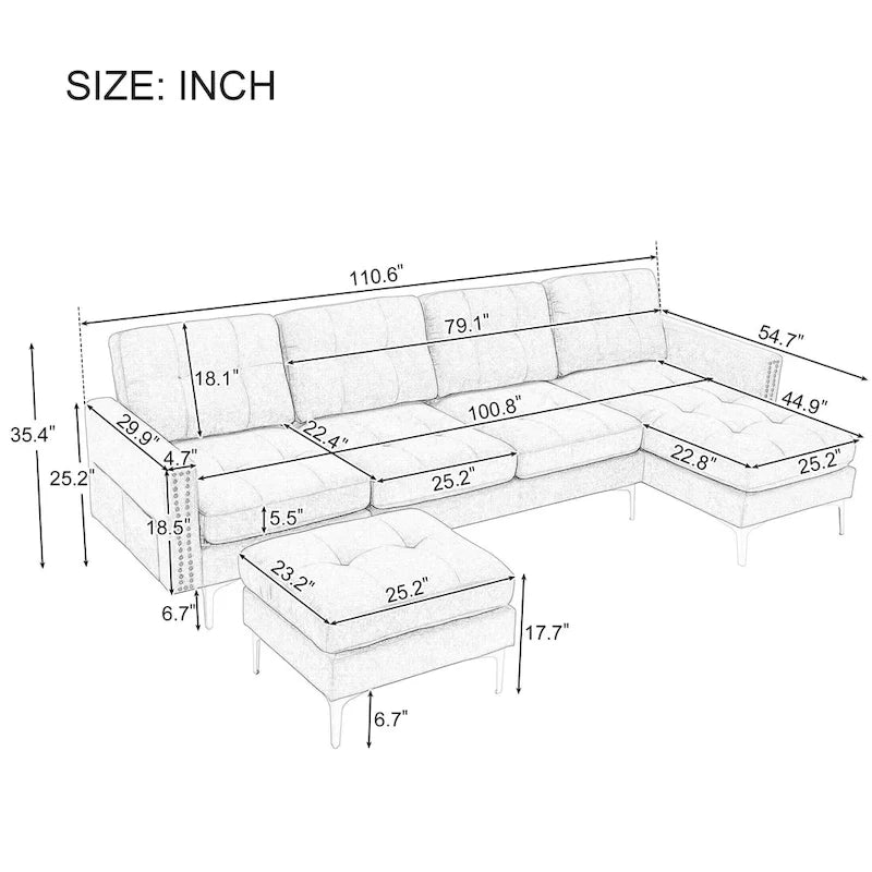 Canapé d'angle en velours 110,6 po avec pouf amovible et poches de rangement