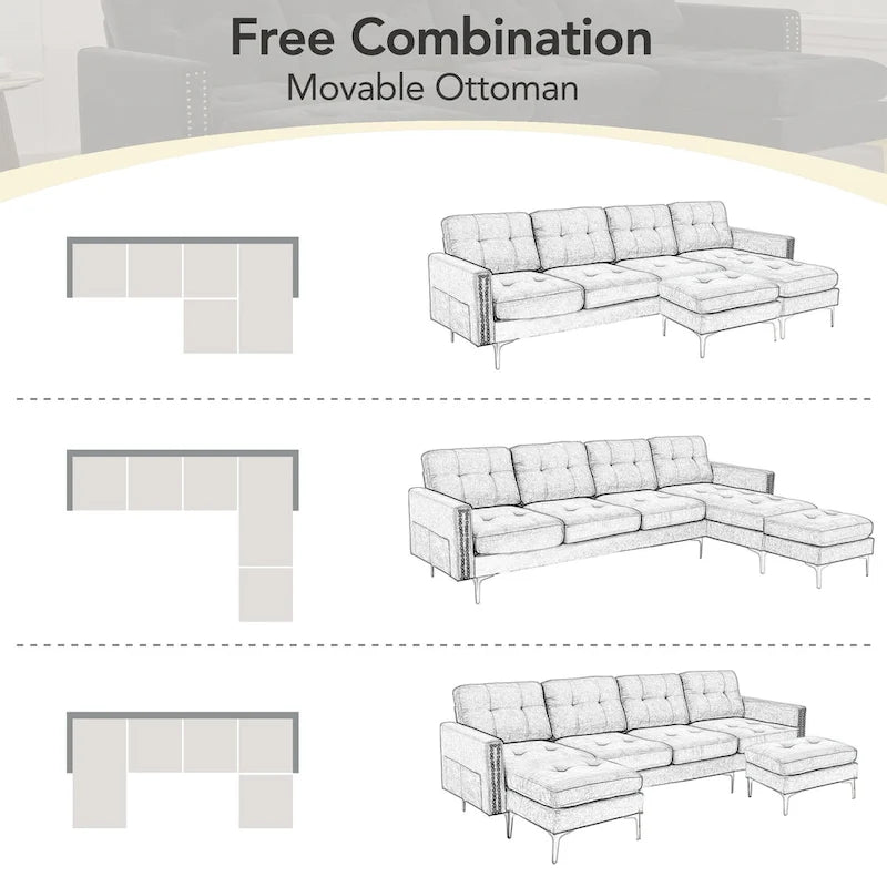 Canapé d'angle en velours 110,6 po avec pouf amovible et poches de rangement