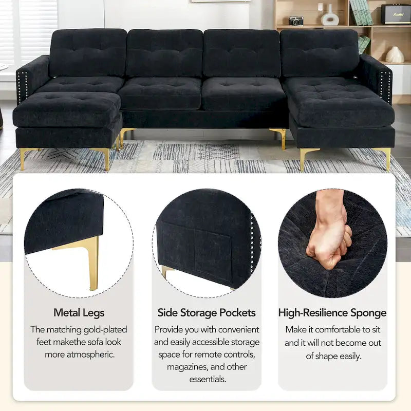 Canapé d'angle en velours 110,6 po avec pouf amovible et poches de rangement