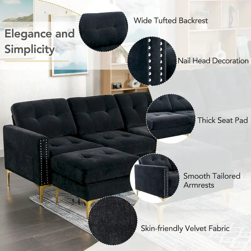 Canapé d'angle en velours 110,6 po avec pouf amovible et poches de rangement