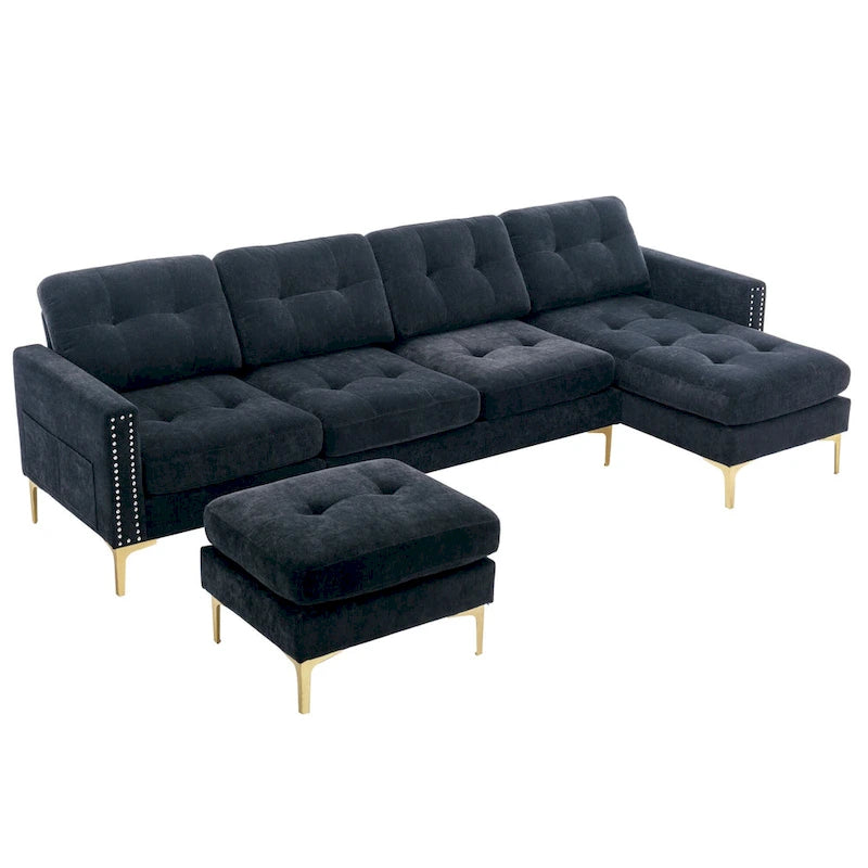 Canapé d'angle en velours 110,6 po avec pouf amovible et poches de rangement