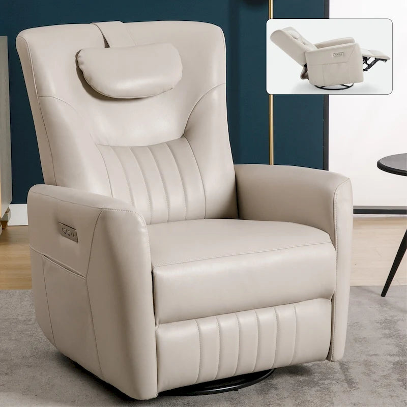 Fauteuil inclinable électrique pivotant et à bascule en similicuir, fauteuil inclinable moderne à une place avec oreiller de soutien lombaire et cervical, ports USB et Type-C