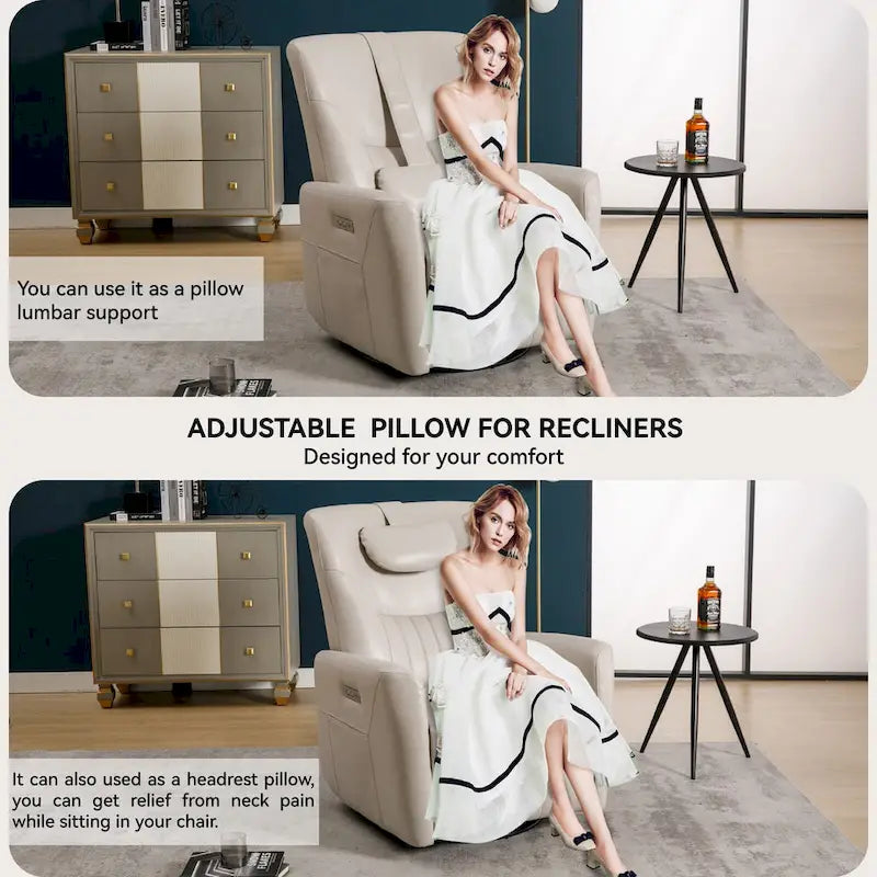 Fauteuil inclinable électrique pivotant et à bascule en similicuir, fauteuil inclinable moderne à une place avec oreiller de soutien lombaire et cervical, ports USB et Type-C