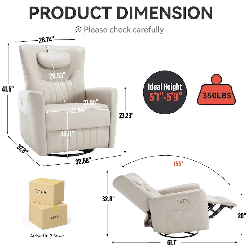 Fauteuil inclinable électrique pivotant et à bascule en similicuir, fauteuil inclinable moderne à une place avec oreiller de soutien lombaire et cervical, ports USB et Type-C