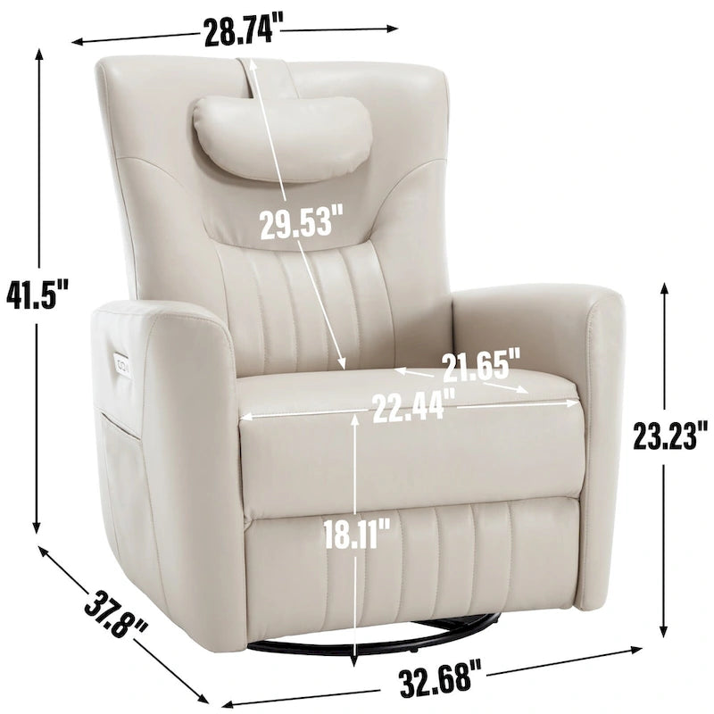 Fauteuil inclinable électrique pivotant et à bascule en similicuir, fauteuil inclinable moderne à une place avec oreiller de soutien lombaire et cervical, ports USB et Type-C