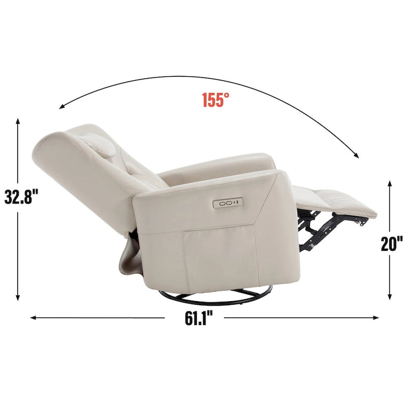 Fauteuil inclinable électrique pivotant et à bascule en similicuir, fauteuil inclinable moderne à une place avec oreiller de soutien lombaire et cervical, ports USB et Type-C