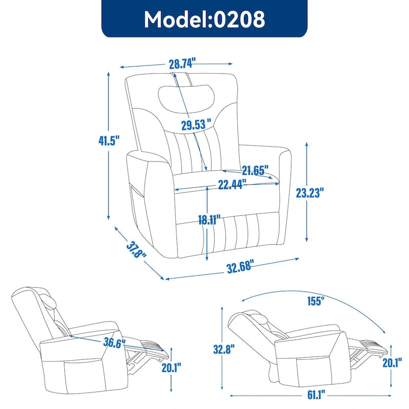 Fauteuil inclinable électrique pivotant et à bascule en similicuir, fauteuil inclinable moderne à une place avec oreiller de soutien lombaire et cervical, ports USB et Type-C
