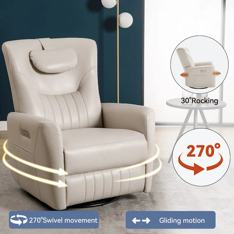Fauteuil inclinable électrique pivotant et à bascule en similicuir, fauteuil inclinable moderne à une place avec oreiller de soutien lombaire et cervical, ports USB et Type-C