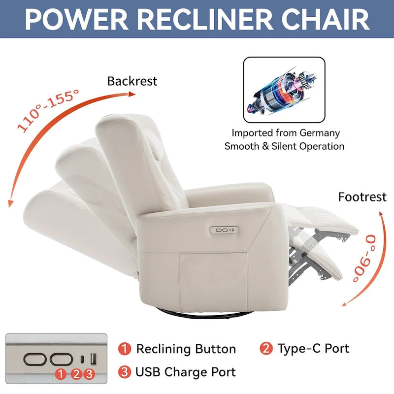 Fauteuil inclinable électrique pivotant et à bascule en similicuir, fauteuil inclinable moderne à une place avec oreiller de soutien lombaire et cervical, ports USB et Type-C