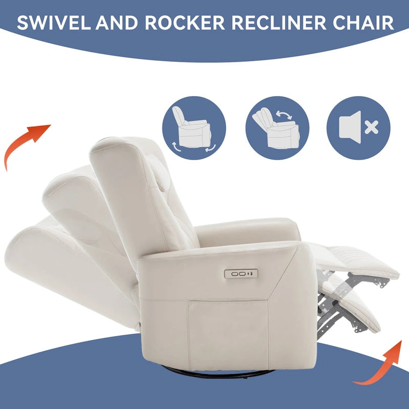 Fauteuil inclinable électrique pivotant et à bascule en similicuir, fauteuil inclinable moderne à une place avec oreiller de soutien lombaire et cervical, ports USB et Type-C