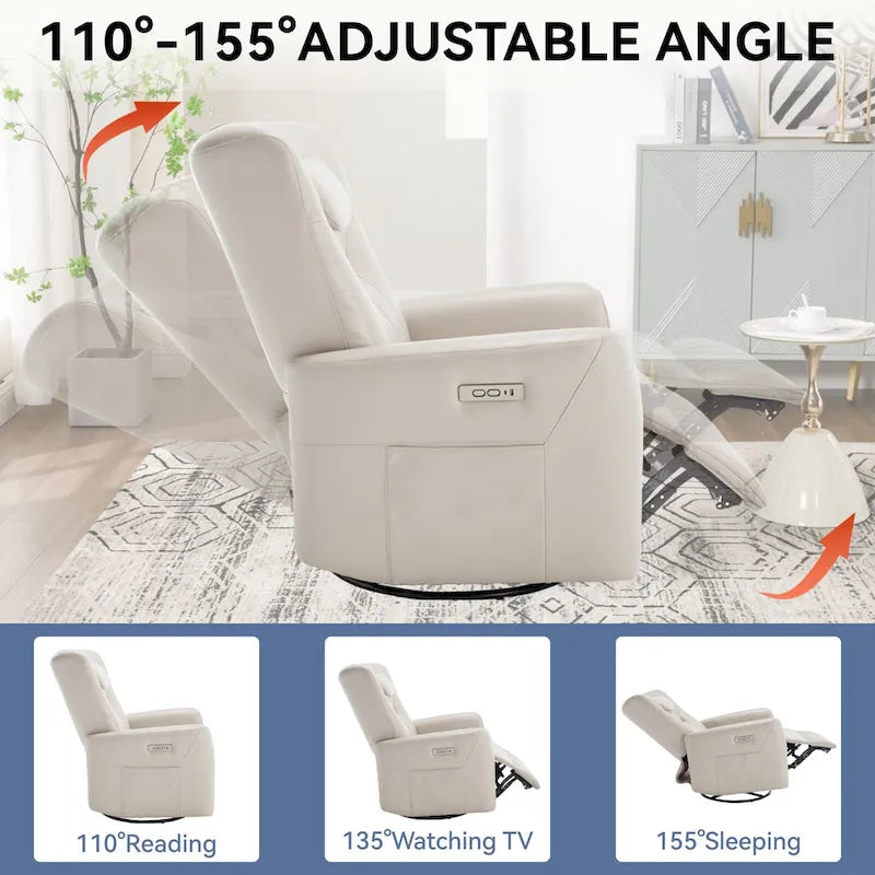 Fauteuil inclinable électrique pivotant et à bascule en similicuir, fauteuil inclinable moderne à une place avec oreiller de soutien lombaire et cervical, ports USB et Type-C