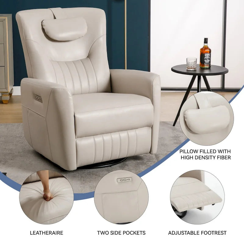 Fauteuil inclinable électrique pivotant et à bascule en similicuir, fauteuil inclinable moderne à une place avec oreiller de soutien lombaire et cervical, ports USB et Type-C