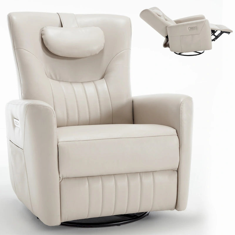 Fauteuil inclinable électrique pivotant et à bascule en similicuir, fauteuil inclinable moderne à une place avec oreiller de soutien lombaire et cervical, ports USB et Type-C