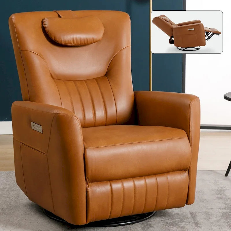 Fauteuil inclinable électrique pivotant et à bascule en similicuir, fauteuil inclinable moderne à une place avec oreiller de soutien lombaire et cervical, ports USB et Type-C