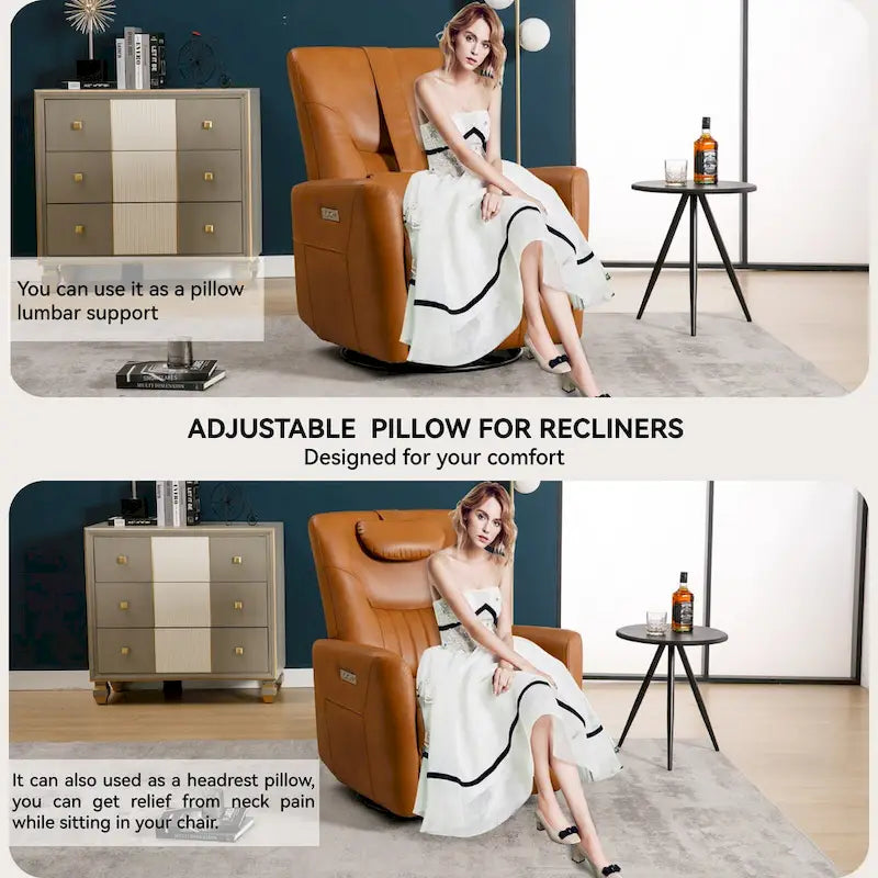 Fauteuil inclinable électrique pivotant et à bascule en similicuir, fauteuil inclinable moderne à une place avec oreiller de soutien lombaire et cervical, ports USB et Type-C