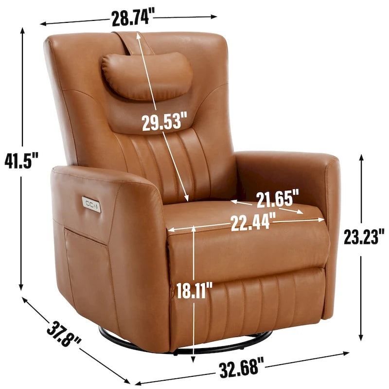 Fauteuil inclinable électrique pivotant et à bascule en similicuir, fauteuil inclinable moderne à une place avec oreiller de soutien lombaire et cervical, ports USB et Type-C