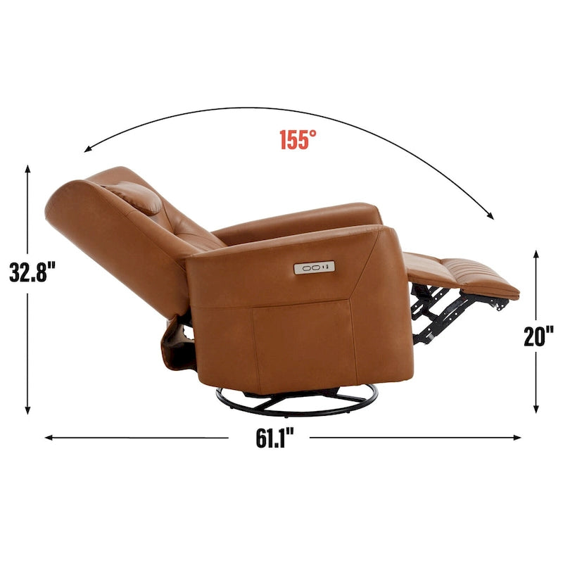 Fauteuil inclinable électrique pivotant et à bascule en similicuir, fauteuil inclinable moderne à une place avec oreiller de soutien lombaire et cervical, ports USB et Type-C