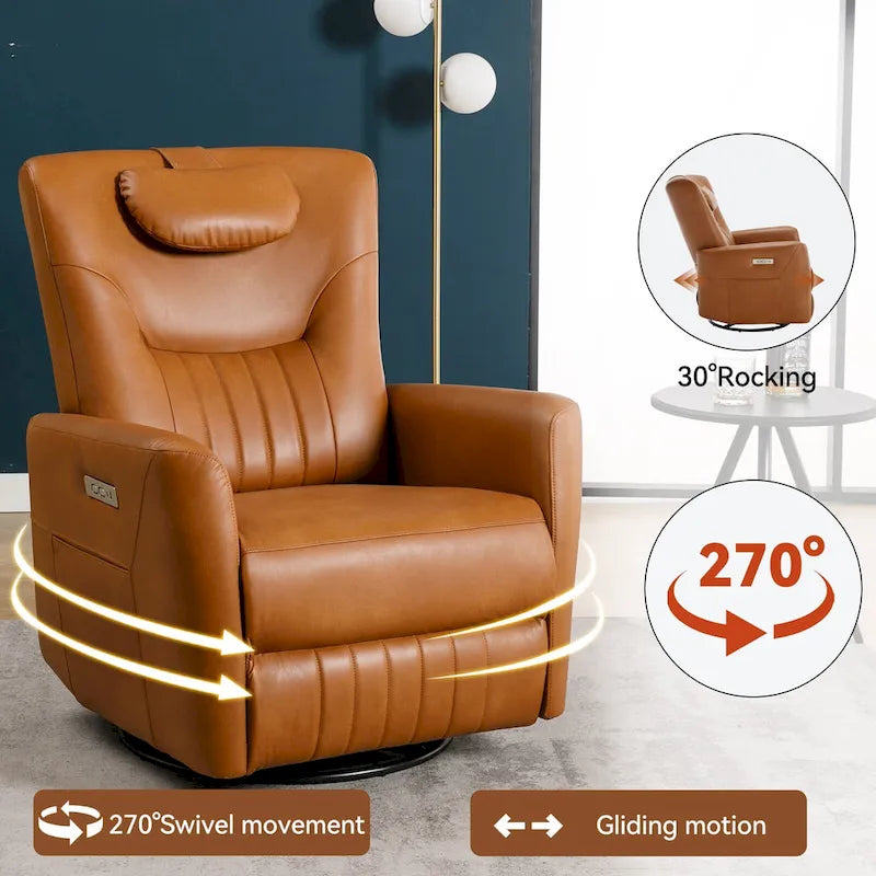 Fauteuil inclinable électrique pivotant et à bascule en similicuir, fauteuil inclinable moderne à une place avec oreiller de soutien lombaire et cervical, ports USB et Type-C