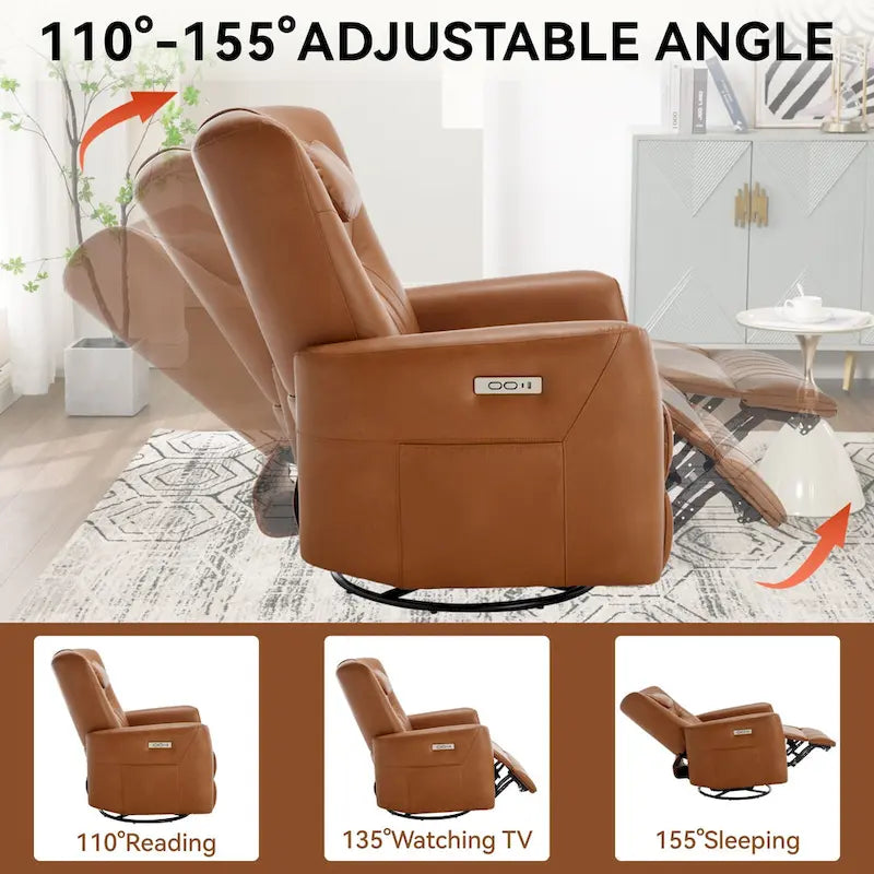 Fauteuil inclinable électrique pivotant et à bascule en similicuir, fauteuil inclinable moderne à une place avec oreiller de soutien lombaire et cervical, ports USB et Type-C
